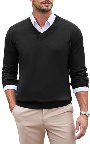 COOFANDY Pullover Herren V Ausschnitt Strickpullover Langarm Regular Fit Feinstrick Pullover Männer Casual Business Pulli Winterpullover Sweater Einfarbig Schwarz L