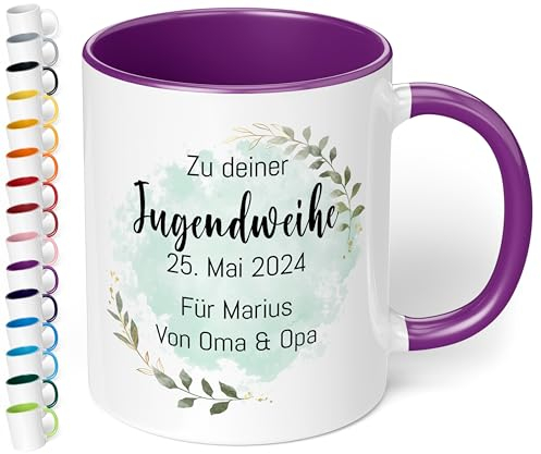 Geschenk zur Jugendweihe Konfirmation für Mädchen & Jungen: Tasse personalisiert „Zu deiner WUNSCHTEXT“ – Blätter-Motiv – Keramik 330ml Kommunion Firmung Taufe (Violett)