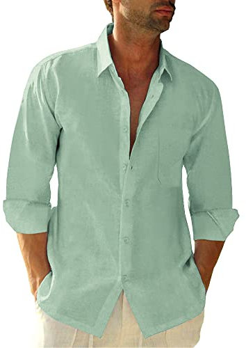 Friptspyg Leinenhemd Herren Langarm Baumwolle Leinen Hemd Herren Freizeithemden Casual Regular Fit Sommerhemd mit Tasche, Mintgrün M