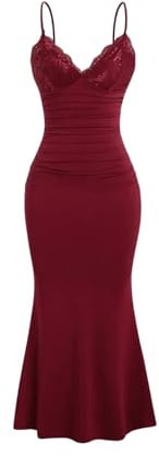 GORGLITTER Women's Lace Ruched Bodycon Maxi Dresses Cocktail Evening Dress