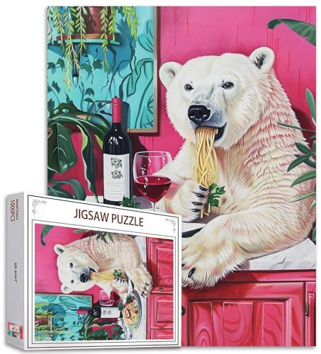 Eisbär Essensbilder Puzzles für Erwachsene,1000 Teile,Tier Essen leckere Nudeln Trinken Rotwein Puzzle,Geburtstagsgeschenke,Multicolor DIY Puzzles für Dekoration,Perfekte Spieleabende