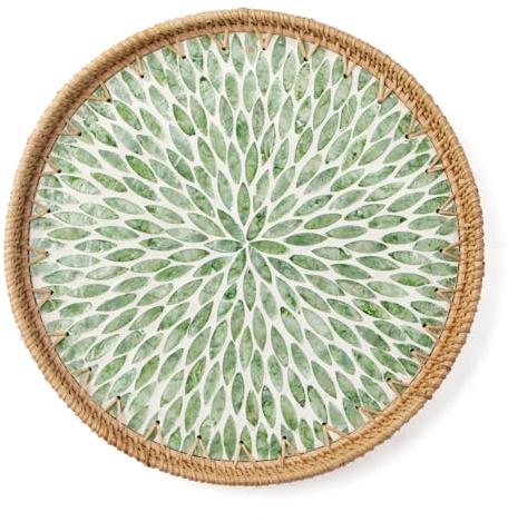 Aayoruro Round Rattan Tray with Mother of Pearl Inlay, Decorative Wicker Serving Tray with Wooden Base, Woven Basket Trays for Bread Fruits Coffee, Leaf