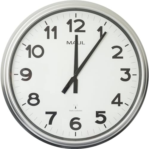 MAUL | Wanduhr | Kunststoff | Zifferblatt Weiß | Durchmesser 610 mm | Funkuhrwerk, Gehäuse silber, Zifferblatt weiß