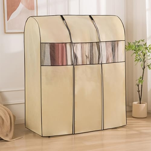 WABMJGW Staubdichte Kleiderständer-Abdeckung, atmungsaktive Kleiderstangen Abdeckung, Kleiderschutzhülle für hängende Kleiderstangen mit Reißverschluss und Clear Fenster,Beige-100cm