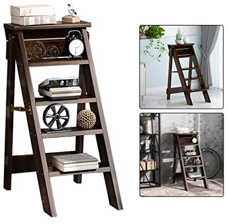 SIAMZYWV 5-Step Stool Portable Folding Ladder Stool Wooden Climb Stepladders Chairs Ideal for Home, Garden, Kitchen or Office - Deep Walnut Color