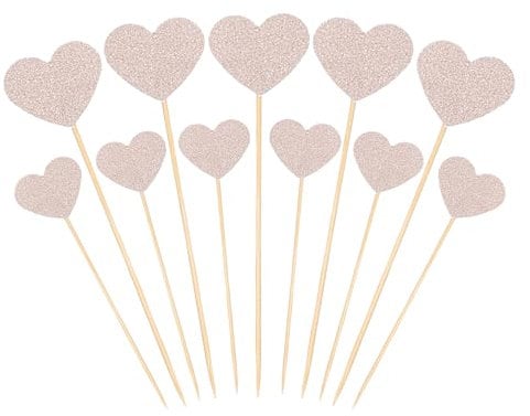 PATIKIL Heart Cupcake Toppers, 50 Pcs Heart Cupcake Picks Birthday Cake Decorations for Wedding Engagement Bridal Shower Party Supplies, Champagne