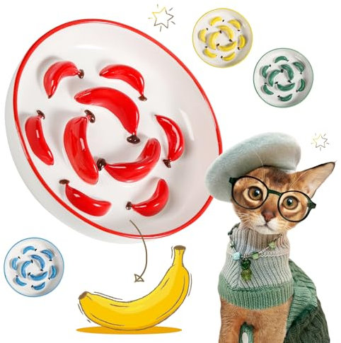 Gamelle Anti Glouton Chat Céramique - Gamelle Chat pour Alimentation Lente aux Couleurs Vives - Bol Nourriture Chat Anti Vomissement - Écuelle pour Chat avec Labyrinthe Interactif - Rouge - 16 x 3 cm