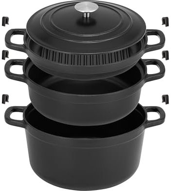 ProCook Stacking Cast Iron Casserole Dish & Griddle Pan Set (Black, 24cm) Induction Compatible, 25 Year Guarantee