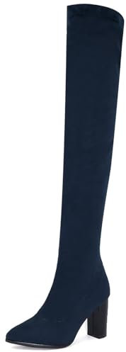 Donna In pelle Scamosciata Leopardo Stivali, 8.5CM Punta a Punta Sopra il Ginocchio Stivali, Moda Elastico Tacco Grosso Stivali al Ginocchio Stivali per Quotidiano Natale(Blue,43 EU)