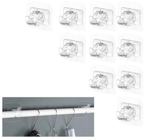 Ginddy Supporti Bastone Tenda,10 Pezzi Trasparente Staffa Autoadesiva Aste per Tende Senza Forare Ganci Adesivi Supporto a Morsetto per Tenda Ganci Adesivi per Tende da Cucina,Bagno
