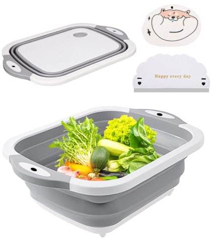 Goxiry Bassine pliable de camping 3 en 1 avec grattoir et chiffon à vaisselle 3 en 1 multifonction pliable Planche à découper Panier d'égouttement en silicone Cuvette de lavage pliable pour la cuisine
