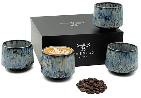Pheniox | Cappuccino Tassen Set Tibet Blue | 4-teilig | 180 ml | hochwertige Tassen aus Steingut | ohne Henkel | spülmaschinenfest | Kaffee | Espresso | Mokka | Geschenk Mann Frau