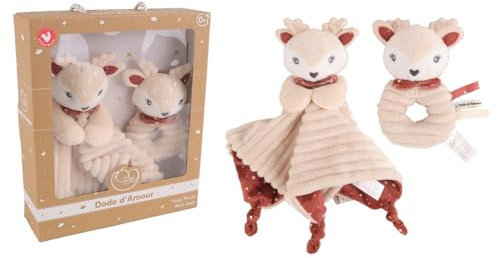 DODO D'AMOUR - Set Kuscheltuch und Rassel - Reh - 053022 - Sortierte Farben - Kuscheltuch - Geburt - Plüschtier - Baby - Beruhigend - Weich - Waschbar - 29 cm x 22 cm - Ab 0 Monaten