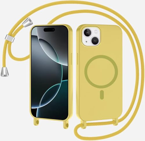 SLWYF Compatible with iPhone 13 Wireless Charging, Shockproof Removable Phone Case with Strap Adjustable Neck Cord Necklace Soft Cover for iPhone 13, Lemon yellow