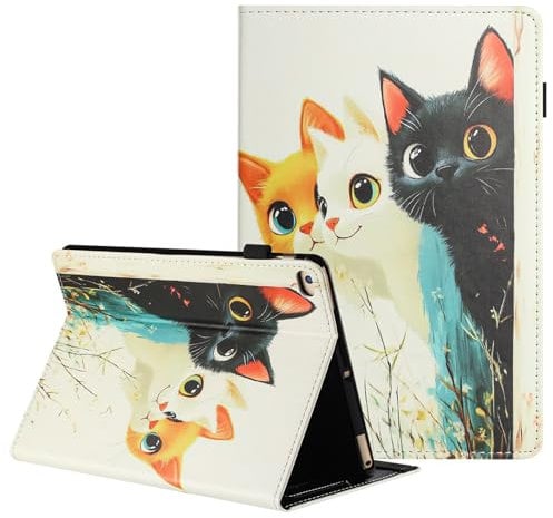 DayQiQiPu Caso para Apple iPad Air 2/Air 1 /iPad 6th 2018 /iPad 5th 2017 9.7, Flip Cover PU Cuero, tres gatos Patrón, soporte, ranuras para tarjetas, con Auto Reposo/Activación - Cáscara, 01