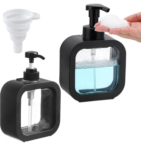 2 Pièces Noir Distributeur Savon WISIRENT, Distributeur Liquide Vaisselle Soap Dispenser, Flacon Pompe Vide Transparent Flacon Pompe Vide, Distributeur Gel Douche et 1 Entonnoir Pliable (500ml&300ml)