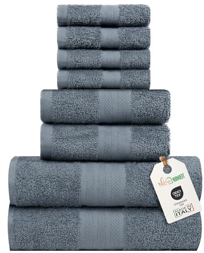 nice homeit Set Asciugamani Medie, in Cotone 100%, 8 Pezzi Asciugamani, Made in Italy. Extra Morbido Assorbente. 2 Asciugamani + 2 Asciugamani Ospite + 4 Lavette (Grigio scuro)