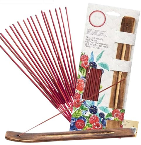 CYNENYC Incienso Natural Frutos Rojos, 50 Varillas Premium Aromaticas Relajantes, Quemador Artesanal de Madera Incluido, Hecho a Mano, Larga Duración, Meditación, Aromaterapia y Limpieza Energética.