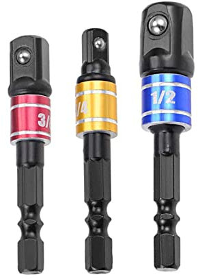 3PCS Impact Grade Socket Adapter/Extension Set Turns Power Drill Into High Speed Nut Driver, 1/4-Inch Hex Shank to Drive for Adapters to Use with Drill Chucks, Sizes 1/4'' 3/8'' 1/2''