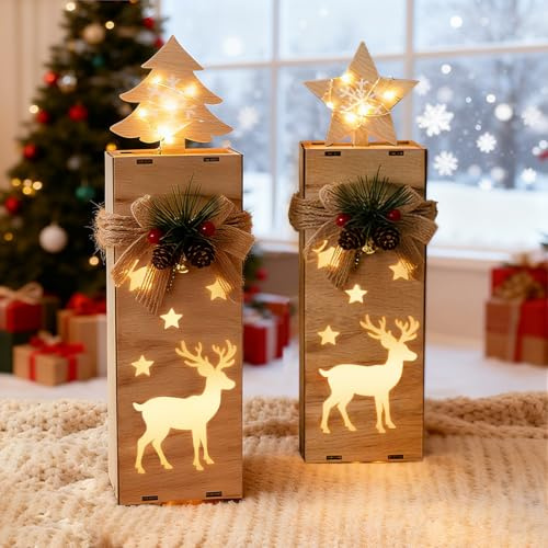 Sprinlot 2 Stück Weihnachten Dekosäule, Rentier Holzdeko Weihnachten, HolzSäule Weihnachtlicher Zierschmuck, Geschenk Deko Innen Elch Weihnachte Winter