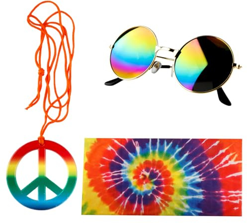 Hopzab 3PCS Hippie Costume Set – Sunflower Headband, Peace Sign Necklace, Round Hippie Sunglasses, 60s 70s Disco Style Accessories for Men Women, Retro Fancy Dress, Halloween Party Costume