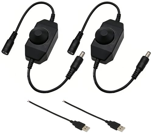 2 Stück LED Dimmer 24V DC, Dimmschalter für LED Streifen, Stufenloser Helligkeitsregler Controller mit Drehknopf, Kompatibel mit LED Band, Einfache Installation, Schwarz
