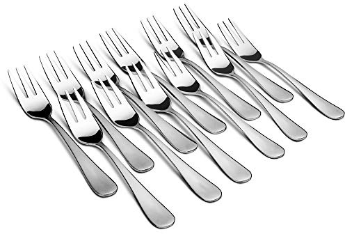 Snamonkia Lot de 12 petites fourchettes à dessert en acier inoxydable, 14 cm, 3 dents, pour cocktail, salade, fruits, pour fête et voyage