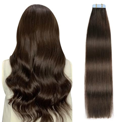 SUYYA Tape Extensions Echthaar,Invisible Tape in Extensions Echthaar Seidig Gerade Remy Tape Haarverlängerungen Echte Menschliches Haar 18 Zoll 45cm 20 Stück 50G #2 Dunkel Braun
