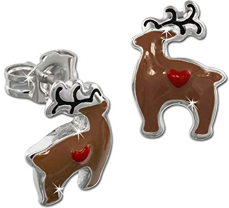 Teenie-Weenie Ohrstecker für Kinder Silber braun rot Rentier Ohrringe D3SDO611N Silber, Emaille Ohrschmuck für Kinder