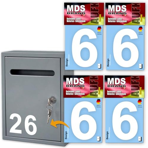 MDS Brand Design 10cm Zahlen Aufkleber | Selbstklebende Klebezahlen für Briefkasten, Mülltonne, Hausnummer Aufkleber für Außen & Innen Weiss (6)