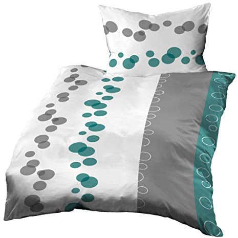 Gerald Wittmann Bettwäsche 140x200 cm + 70x90 cm, Baumwolle Mako Satin, Kreisen Aqua-Türkis Grau Weiß
