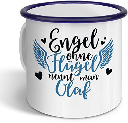 printplanet - Emaille-Tasse mit Namen Olaf - Metallbecher mit Design Engel - Nostalgie-Becher, Camping-Tasse, Blechtasse, Farbe Blau, 400ml
