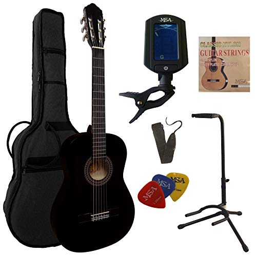 4/4 GITARRE - KONZERTGITARRE IM SET - CLASSIC SCHWARZ - DECKE LINDENHOLZ - TASCHE - BAND - SAITEN - 3xPIK - STIMMGERÄT - GITARRENSTÄNDER - STARTER SET