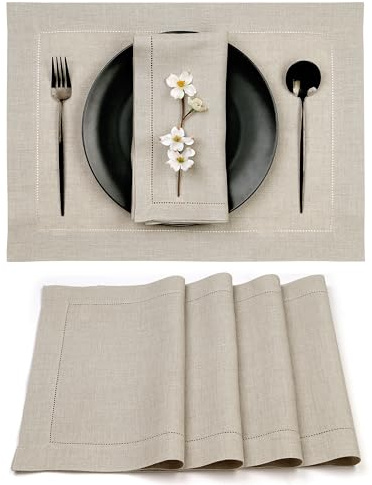 D'Moksha Homes Tischsets aus Leinen, 4 Stück, 100% reines Leinen, natürliche Tischsets, 35,6 x 48,3 cm, klassischer Hohlsaum, waschbar, natürliche Tischsets