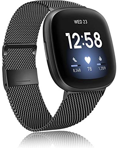 Amzpas Kompatibel mit Fitbit Versa 3 Armband/Fitbit Sense Armband, Metall Edelstahl Ersatzarmbänder mit Magnetschloss für Fitbit Versa 3/Sense (S, Schwarz)