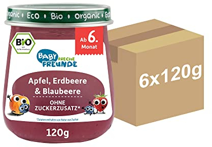 FRECHE FREUNDE Bio Gläschen Apfel, Erdbeere und Blaubeere, Für Babys ab 6 Monaten, Ohne Zucker und Salzzusatz, Vegan, 190 g (6er Pack)