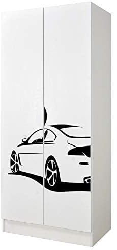 Leomark Weiß zweitüriger Kleiderschrank für Kinder - Roma - funktionaler Schwebetürenschrank, Dim: 70 x 42,5 x 161,5 (H) cm, Kommode, Schrank, Möbel für Kinder, UV-Druck: Sportwagen