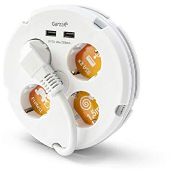 Garza Power - Regleta Circular con 4 enchufes + 2 USB | Ladrón múltiple 1.5 Metros | con Interruptor y guardacable | Cable H05W-F 3G | Color Blanco