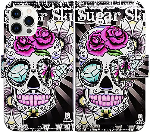 Bcov Case for iPhone 13 Pro Max, Purple Flower Sugar Skull Leather Flip Phone Case Wallet Cover with Card Slot Holder Kickstand For iPhone 13 Pro Max