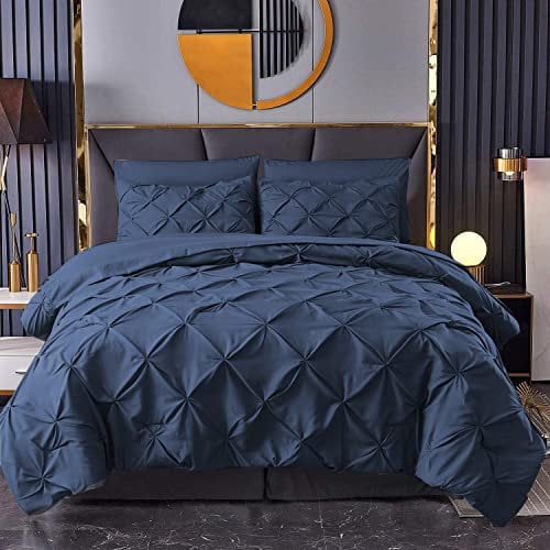 MK Home Textile Pintuck Duvet Cover 3 Piece Pinch Pleat Bedding Sets – 100% Cotton Percale 200 Thread Count Quilt Covers – White/Silver Grey/Charcoal/Pink/Navy Bed Set (Navy, King)