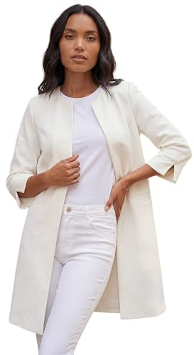 Roman Textured Longline Jacket for Women UK Ladies Reefer Coat Lined Tailored Lightweight Long Autumn Winter Smart Casual Office Work Business Evening Going Out - Ivory - Size 16