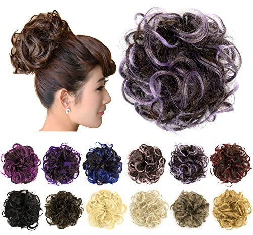 IMISSU 2 Pezzi disordinato chignon pezzo di capelli updo falso scrunchies coda di cavallo di estensione ondulati capelli ricci pezzi chignon fascia per le donne (2PZ Marrone Viola Chiaro)