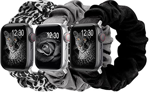 Wearlizer Pack 3 Compatible with Scrunchie Apple Watch Strap 41/40/38/42mm, Cloth Soft Pattern Printed Fabric Replacement Bands for iWatch Series SE 11 10 9 8 7 6 5 4 3 2 1 (B-Leopard/Gray/Black, S/M)