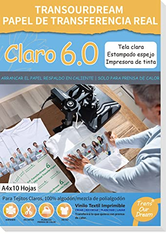 TransOurDream- Apto para Mayoristas, Solo para prensas térmicas industriales,Papel de Transferencia para Camisetas y Tejidos Claro(A4x10 Hojas) Fácil de Usar, Compatible con Tinta, ES-2-6.0-10