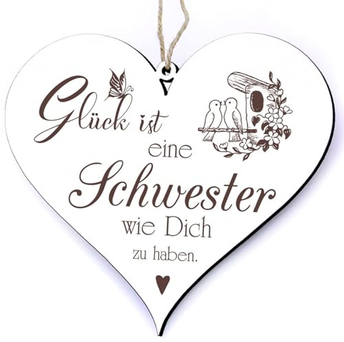Schwester Holz Deko Herz - Glück ist eine Schwester wie Dich zu haben + Anhänger Beste Schwester der Welt - Geschwister Schwesterherz Lieblingsschwester Weihnachten Geburtstag Vintage Holzschild