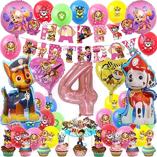 Patrol Geburtstagsdeko Mädchen Hund Geburtstag Party Rosa Ballon Deko Set für Mädchen 4 Jahre Helium Folienballon Banner Toppers Dekoration (Zahl 4)