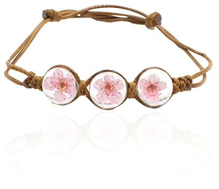 Aishgjia Pulsera japonesa hecha a mano con diseño de flor de cerezo prensada en seco, con cuentas de cristal, ajustable, para mujer, [Adjustable], Cuero, vidrio