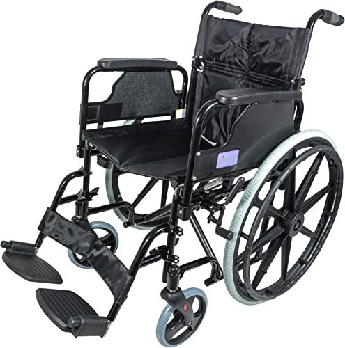 Aidapt Folding Lightweight Self Propelled Steel Wheelchair with Brakes, Extra Wide Seat (18) Lap Strap, Removable Foot Rests and Side Panels for Privacy. Indoor and Outside Use
