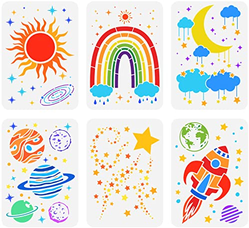 FINGERINSPIRE 6 Stück Weltraum Malschablone 29,7 x 21 cm Kunststoff PET Galaxie Planeten Schablone Sonne Mond Stern Schablone Raumschiff Wolken Schablonen Heim Kinderzimmer Raumdekoration