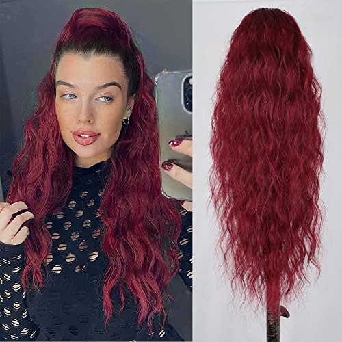 Pferdeschwanz Extensions Weinrot Lang Gewickelt Haarteil Ponytail Natürliches Kunsthaar Haar Haarverlängerunge Extensions für Damen Afro Zopf Ponytail ca.65cm 095F
